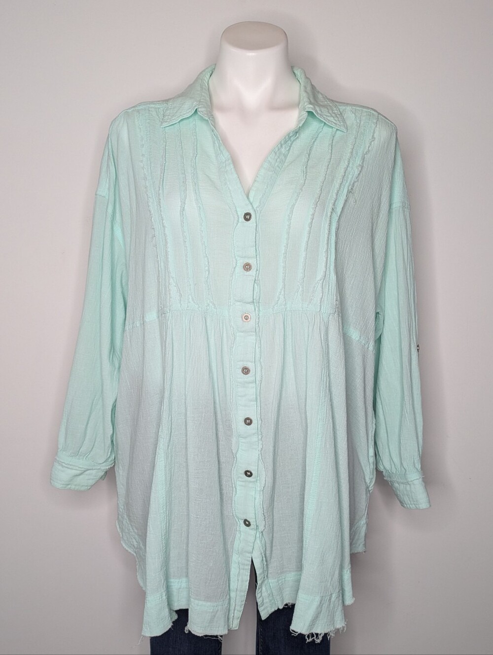 Lovestitch Blue Long Sleeve Lagenlook Relaxed Casual Cotton Button Up Top M/L